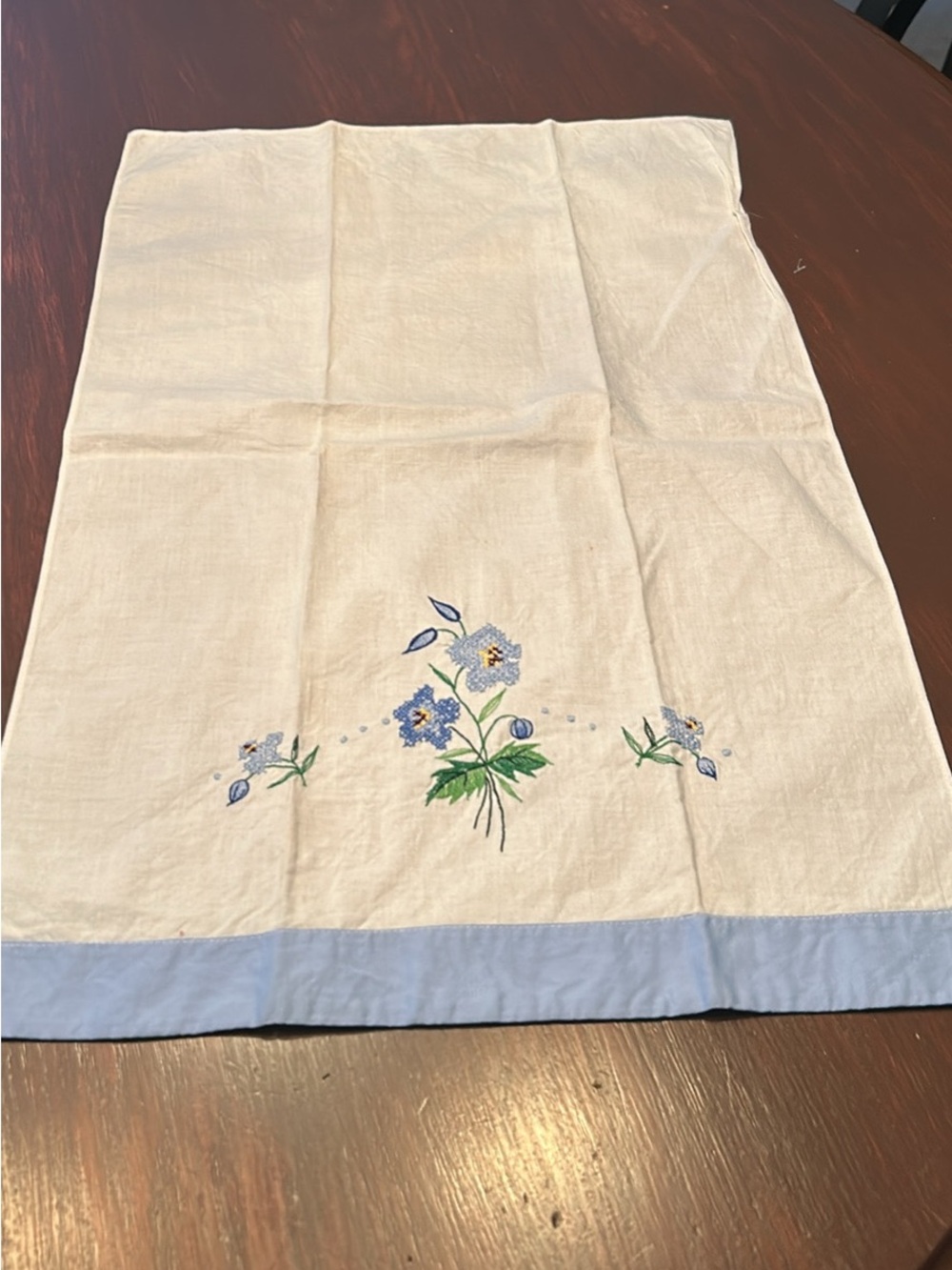 Embroidered Blue Floral Linen tea towel-
21 in by 13 in